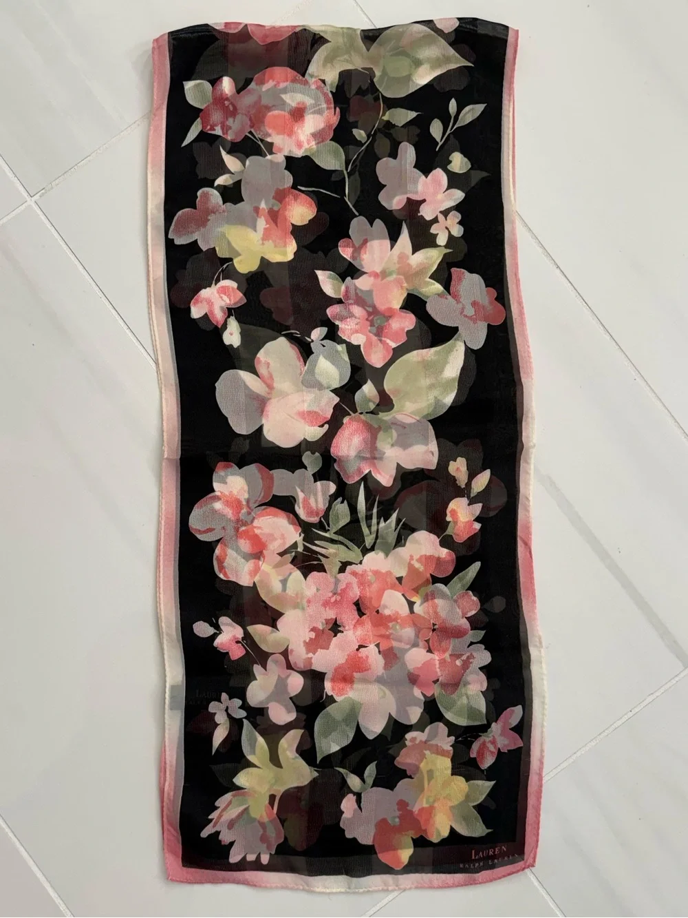 Lauren Ralph Lauren Floral Sheer Silk Scarf with Peach and Green Blooms